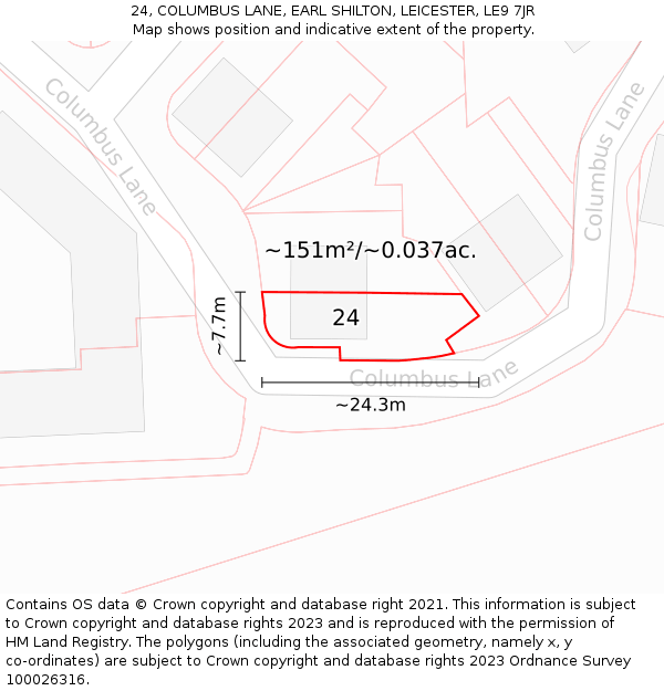 24, COLUMBUS LANE, EARL SHILTON, LEICESTER, LE9 7JR: Plot and title map