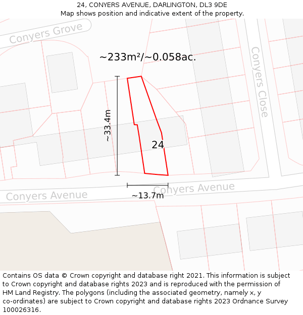 24, CONYERS AVENUE, DARLINGTON, DL3 9DE: Plot and title map