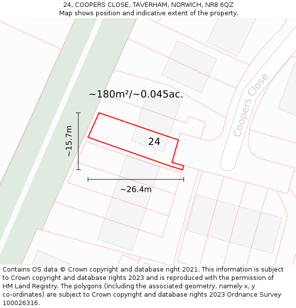 24, COOPERS CLOSE, TAVERHAM, NORWICH, NR8 6QZ: Plot and title map