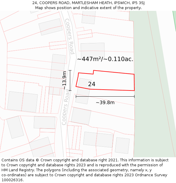 24, COOPERS ROAD, MARTLESHAM HEATH, IPSWICH, IP5 3SJ: Plot and title map