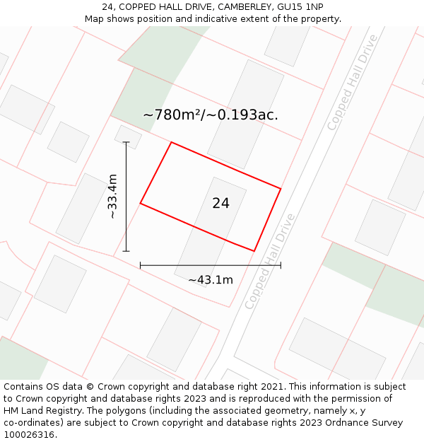 24, COPPED HALL DRIVE, CAMBERLEY, GU15 1NP: Plot and title map