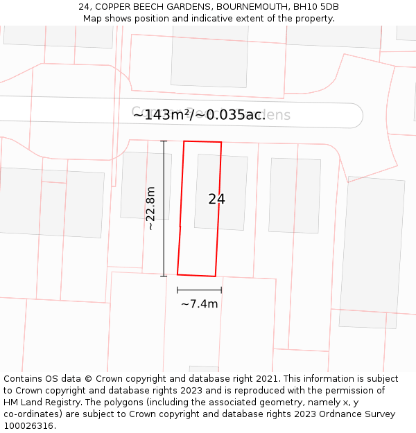 24, COPPER BEECH GARDENS, BOURNEMOUTH, BH10 5DB: Plot and title map