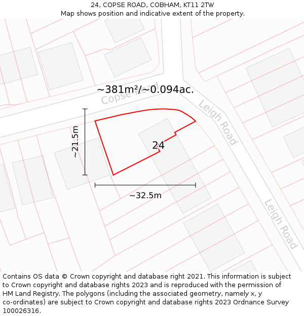 24, COPSE ROAD, COBHAM, KT11 2TW: Plot and title map