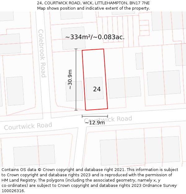 24, COURTWICK ROAD, WICK, LITTLEHAMPTON, BN17 7NE: Plot and title map