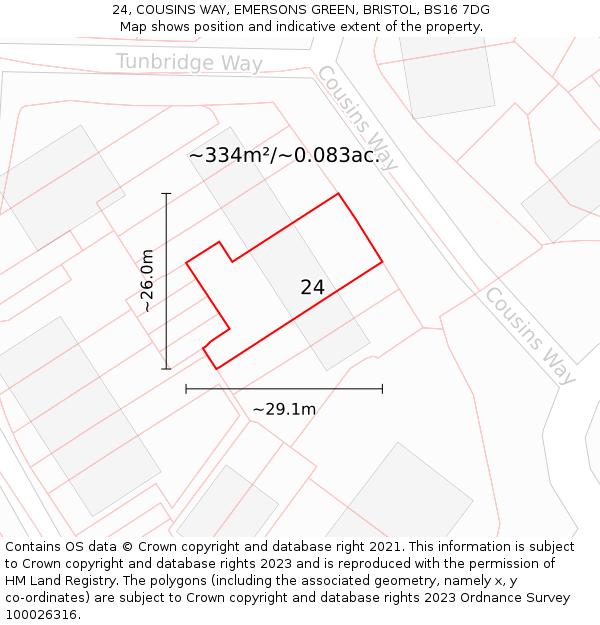 24, COUSINS WAY, EMERSONS GREEN, BRISTOL, BS16 7DG: Plot and title map