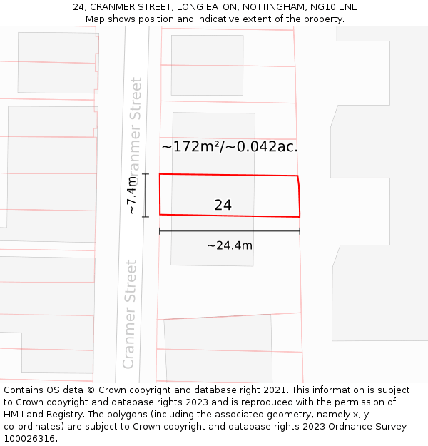 24, CRANMER STREET, LONG EATON, NOTTINGHAM, NG10 1NL: Plot and title map