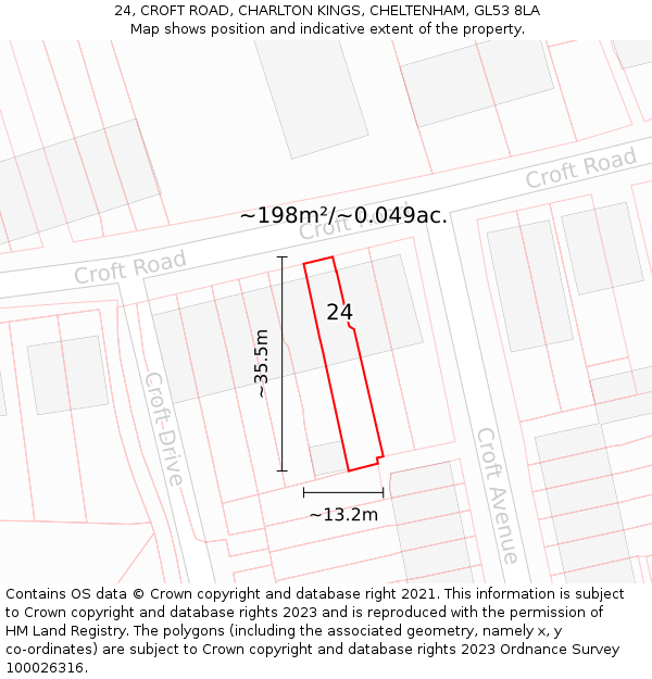 24, CROFT ROAD, CHARLTON KINGS, CHELTENHAM, GL53 8LA: Plot and title map