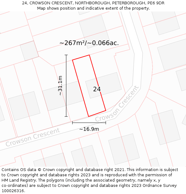 24, CROWSON CRESCENT, NORTHBOROUGH, PETERBOROUGH, PE6 9DR: Plot and title map