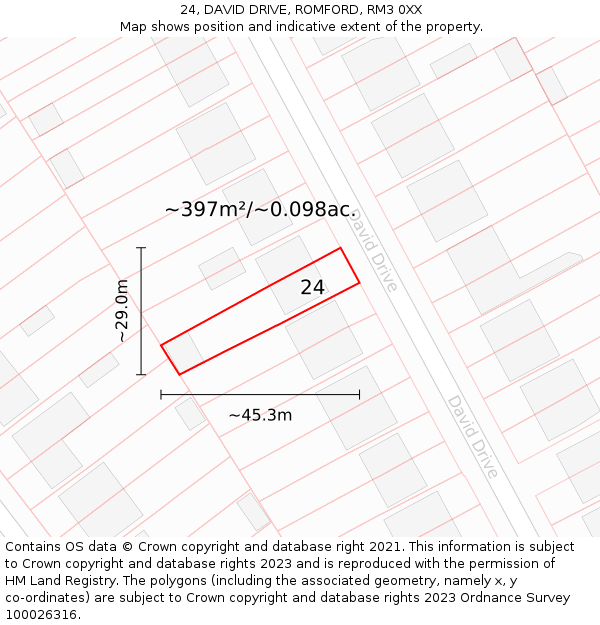 24, DAVID DRIVE, ROMFORD, RM3 0XX: Plot and title map