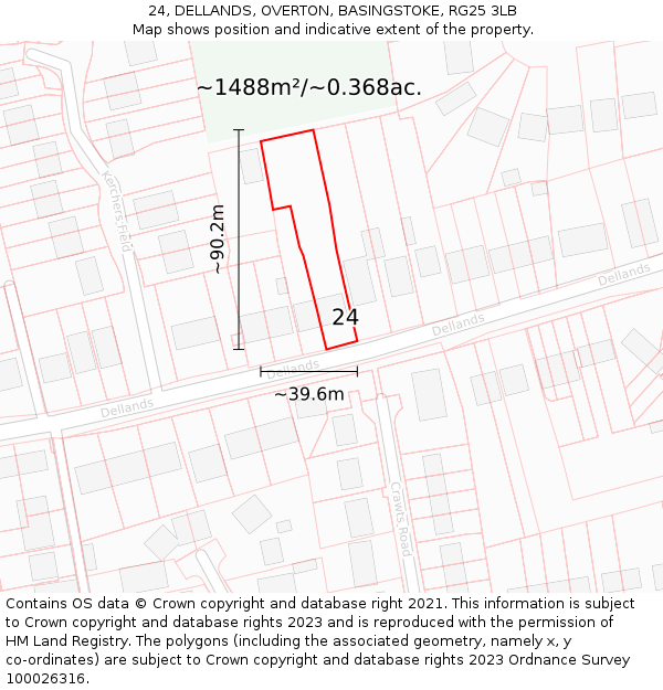 24, DELLANDS, OVERTON, BASINGSTOKE, RG25 3LB: Plot and title map