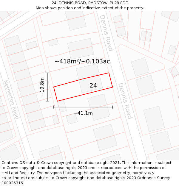 24, DENNIS ROAD, PADSTOW, PL28 8DE: Plot and title map