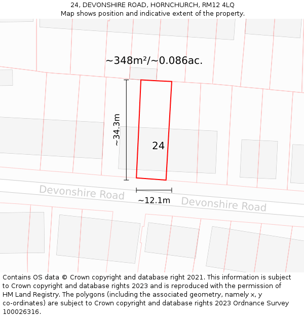 24, DEVONSHIRE ROAD, HORNCHURCH, RM12 4LQ: Plot and title map