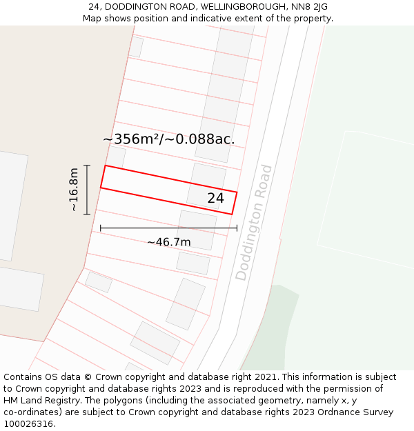 24, DODDINGTON ROAD, WELLINGBOROUGH, NN8 2JG: Plot and title map