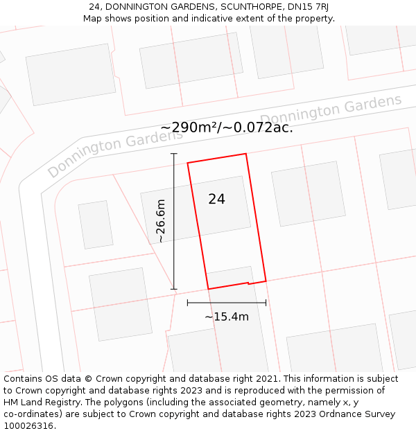 24, DONNINGTON GARDENS, SCUNTHORPE, DN15 7RJ: Plot and title map