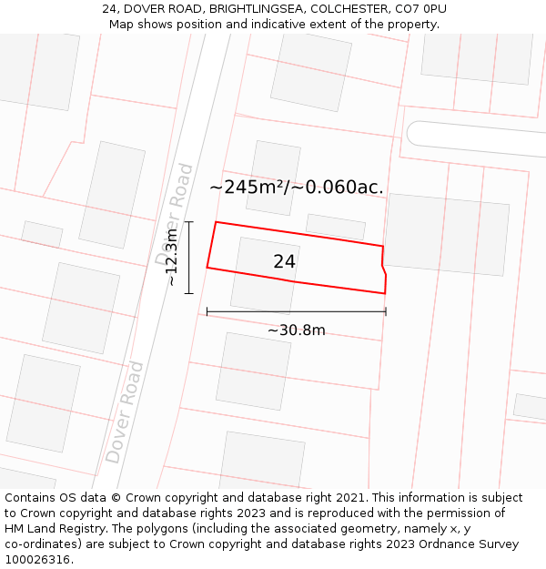 24, DOVER ROAD, BRIGHTLINGSEA, COLCHESTER, CO7 0PU: Plot and title map