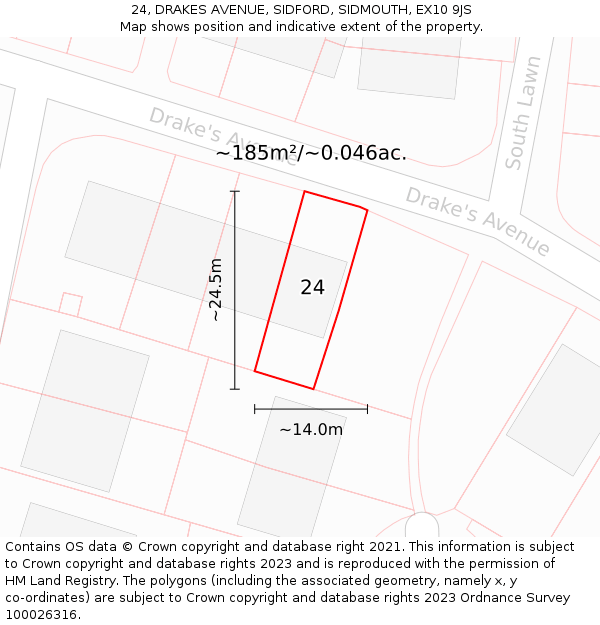 24, DRAKES AVENUE, SIDFORD, SIDMOUTH, EX10 9JS: Plot and title map