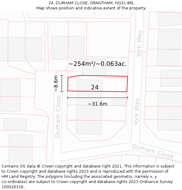 24, DURHAM CLOSE, GRANTHAM, NG31 8RL: Plot and title map