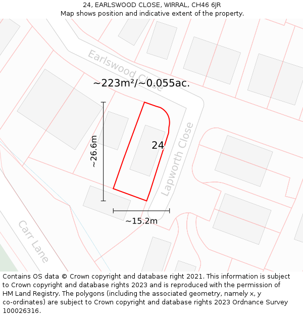 24, EARLSWOOD CLOSE, WIRRAL, CH46 6JR: Plot and title map
