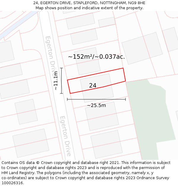 24, EGERTON DRIVE, STAPLEFORD, NOTTINGHAM, NG9 8HE: Plot and title map