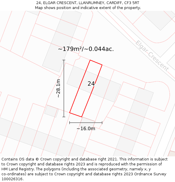 24, ELGAR CRESCENT, LLANRUMNEY, CARDIFF, CF3 5RT: Plot and title map