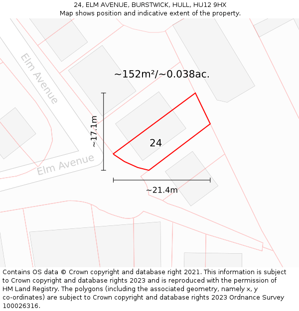 24, ELM AVENUE, BURSTWICK, HULL, HU12 9HX: Plot and title map