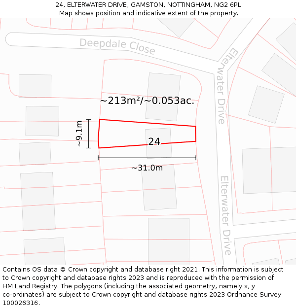 24, ELTERWATER DRIVE, GAMSTON, NOTTINGHAM, NG2 6PL: Plot and title map