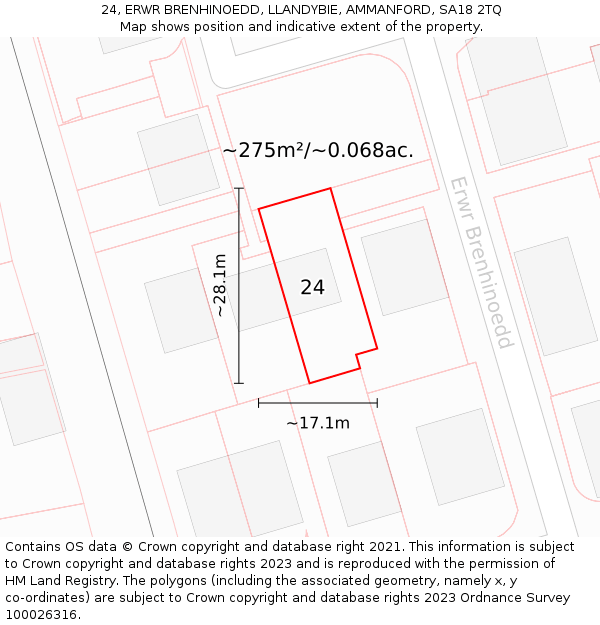 24, ERWR BRENHINOEDD, LLANDYBIE, AMMANFORD, SA18 2TQ: Plot and title map