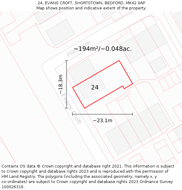 24, EVANS CROFT, SHORTSTOWN, BEDFORD, MK42 0AP: Plot and title map