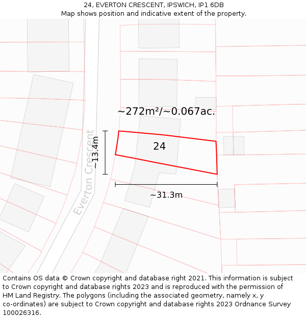 24, EVERTON CRESCENT, IPSWICH, IP1 6DB: Plot and title map