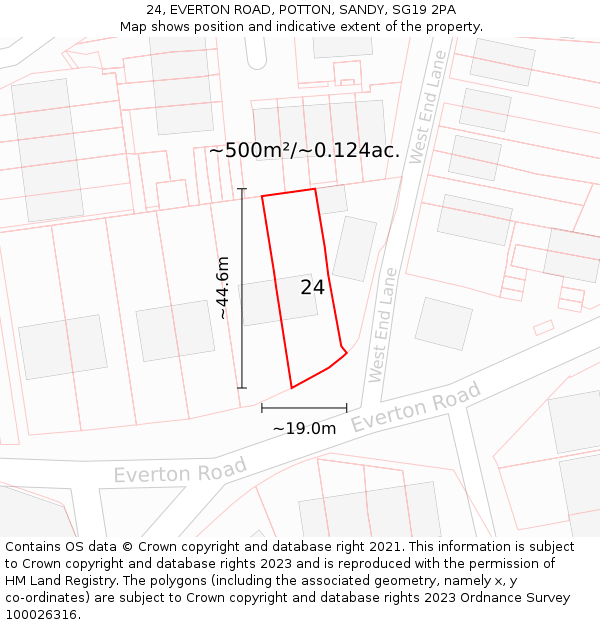 24, EVERTON ROAD, POTTON, SANDY, SG19 2PA: Plot and title map