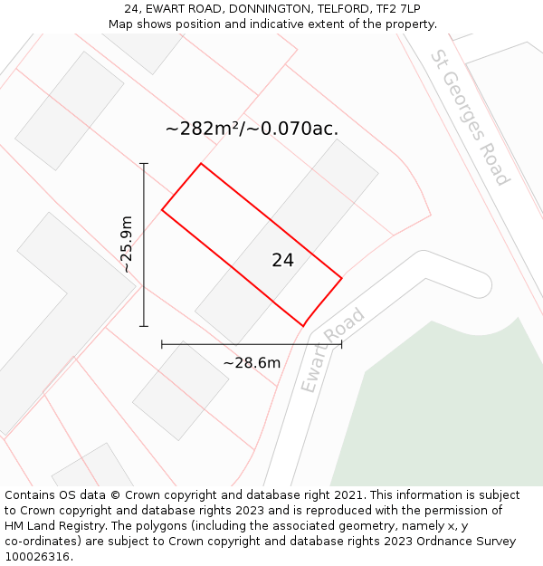 24, EWART ROAD, DONNINGTON, TELFORD, TF2 7LP: Plot and title map