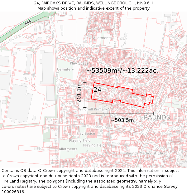 24, FAIROAKS DRIVE, RAUNDS, WELLINGBOROUGH, NN9 6HJ: Plot and title map