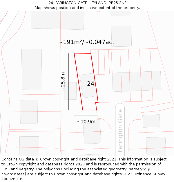 24, FARINGTON GATE, LEYLAND, PR25 3NF: Plot and title map