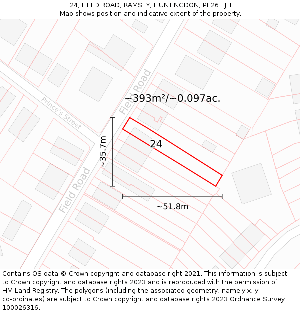 24, FIELD ROAD, RAMSEY, HUNTINGDON, PE26 1JH: Plot and title map