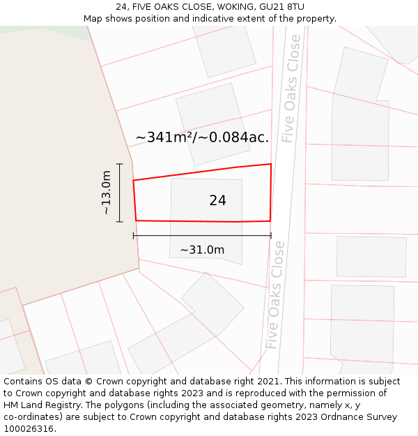 24, FIVE OAKS CLOSE, WOKING, GU21 8TU: Plot and title map