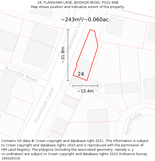 24, FLANSHAM LANE, BOGNOR REGIS, PO22 6AB: Plot and title map