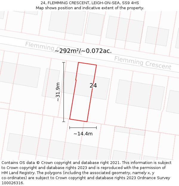 24, FLEMMING CRESCENT, LEIGH-ON-SEA, SS9 4HS: Plot and title map