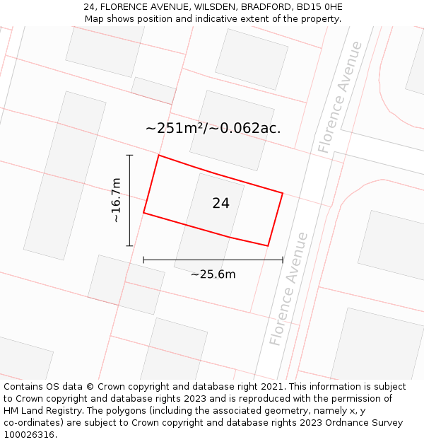 24, FLORENCE AVENUE, WILSDEN, BRADFORD, BD15 0HE: Plot and title map