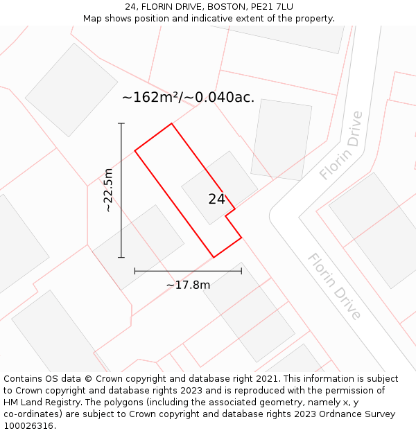 24, FLORIN DRIVE, BOSTON, PE21 7LU: Plot and title map