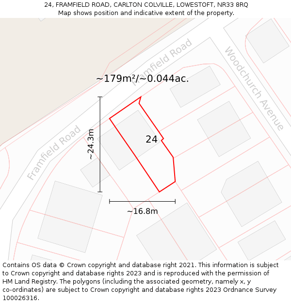 24, FRAMFIELD ROAD, CARLTON COLVILLE, LOWESTOFT, NR33 8RQ: Plot and title map