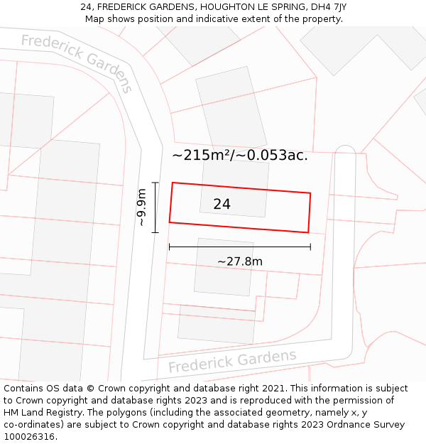 24, FREDERICK GARDENS, HOUGHTON LE SPRING, DH4 7JY: Plot and title map