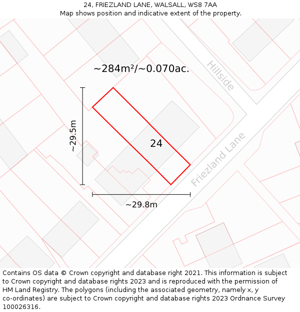 24, FRIEZLAND LANE, WALSALL, WS8 7AA: Plot and title map