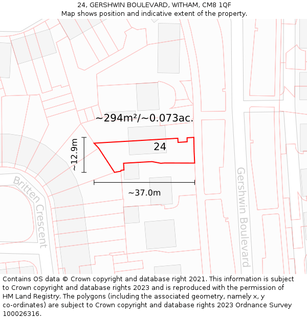 24, GERSHWIN BOULEVARD, WITHAM, CM8 1QF: Plot and title map