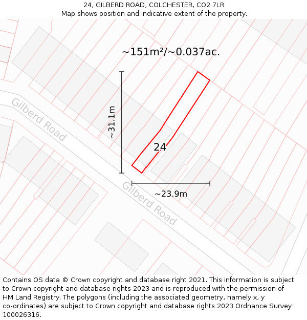 24, GILBERD ROAD, COLCHESTER, CO2 7LR: Plot and title map