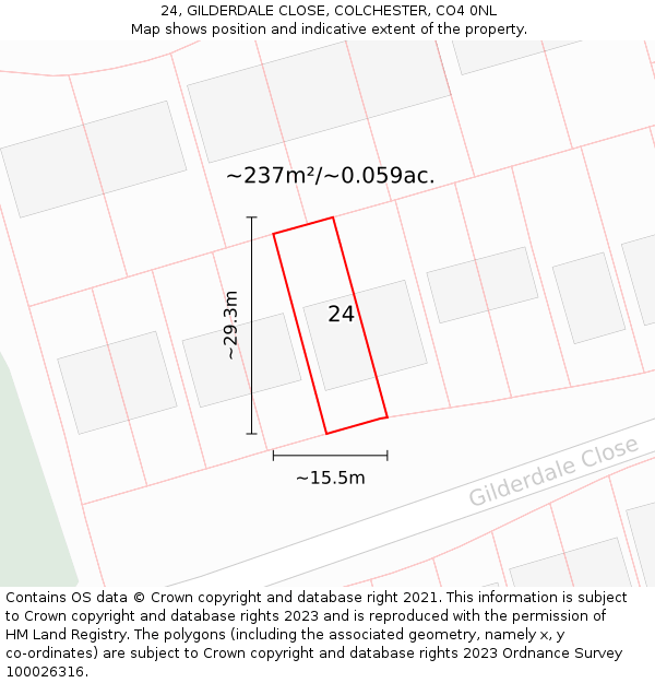 24, GILDERDALE CLOSE, COLCHESTER, CO4 0NL: Plot and title map