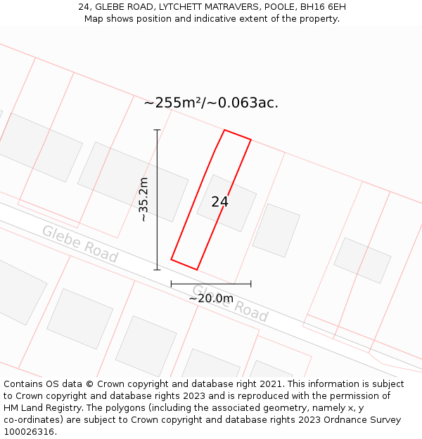 24, GLEBE ROAD, LYTCHETT MATRAVERS, POOLE, BH16 6EH: Plot and title map