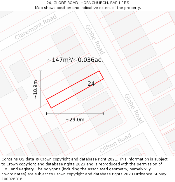 24, GLOBE ROAD, HORNCHURCH, RM11 1BS: Plot and title map