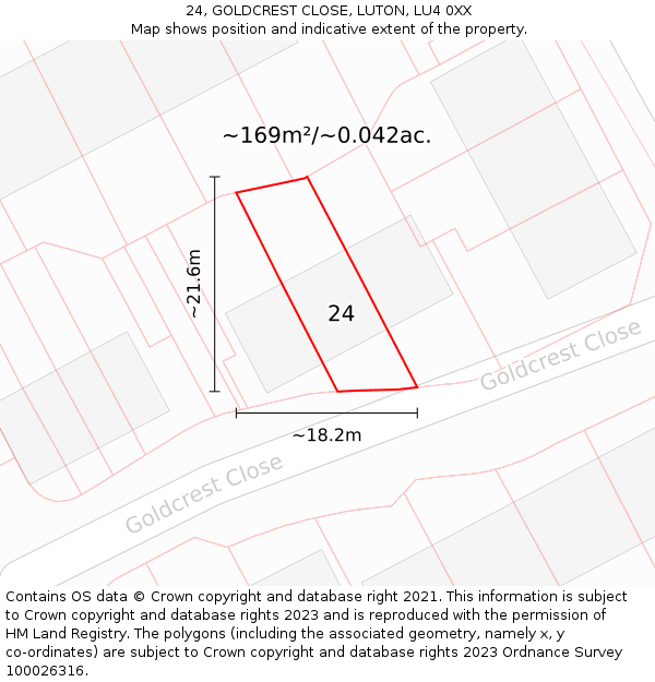 24, GOLDCREST CLOSE, LUTON, LU4 0XX: Plot and title map