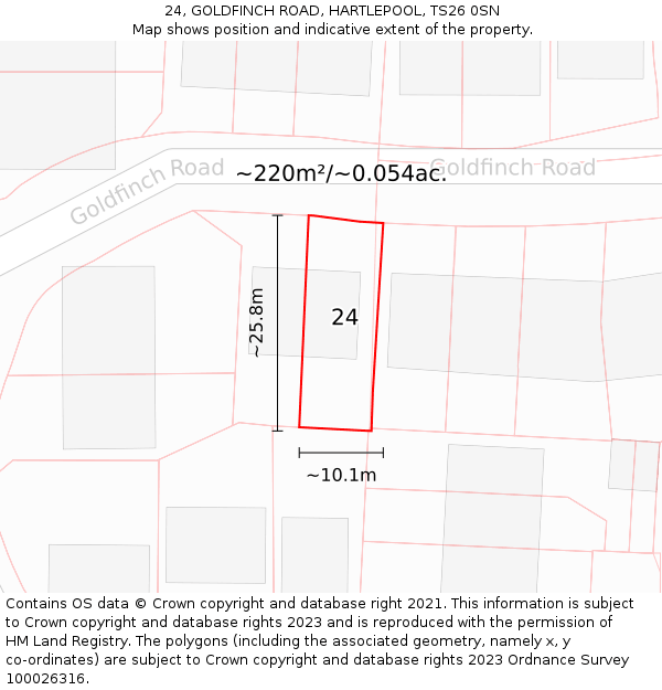 24, GOLDFINCH ROAD, HARTLEPOOL, TS26 0SN: Plot and title map
