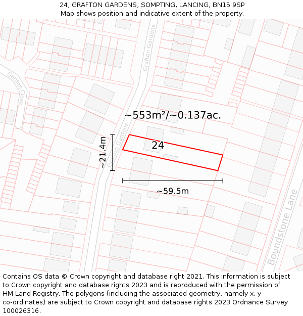 24, GRAFTON GARDENS, SOMPTING, LANCING, BN15 9SP: Plot and title map